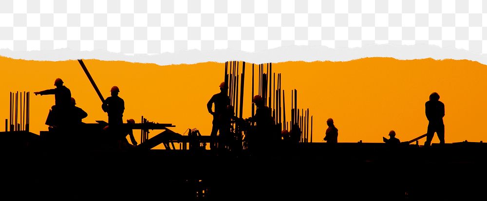 Construction silhouette png ripped paper border, transparent background
