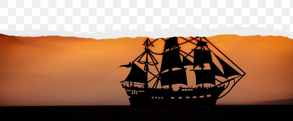 Sail ship png ripped paper border, transparent background