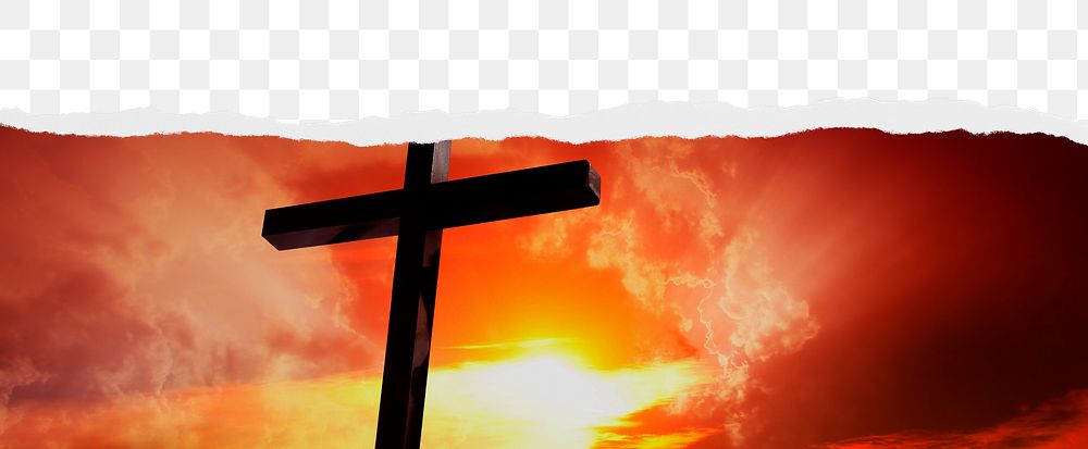 Cross on hill png ripped paper border, transparent background