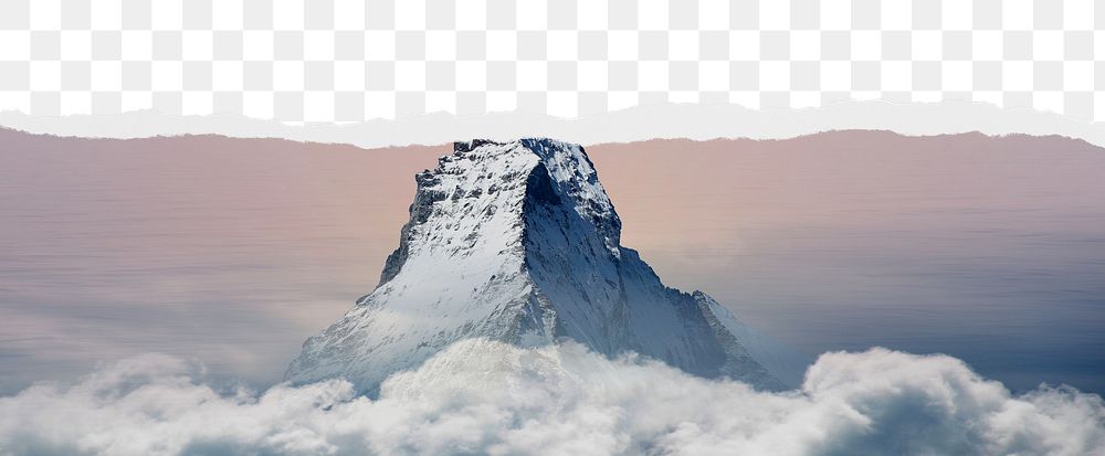 Snowy mountain png, ripped paper border, transparent background