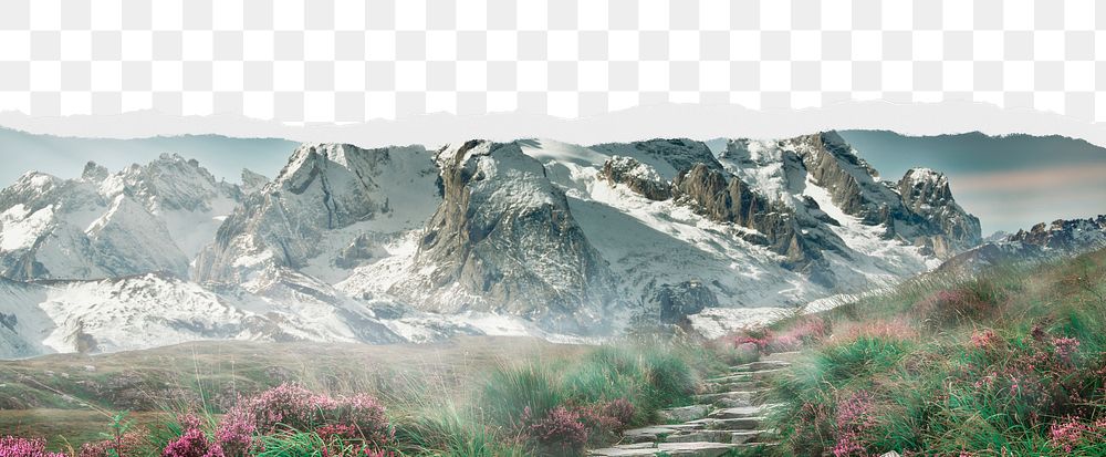 Snowy mountain png ripped paper border, transparent background