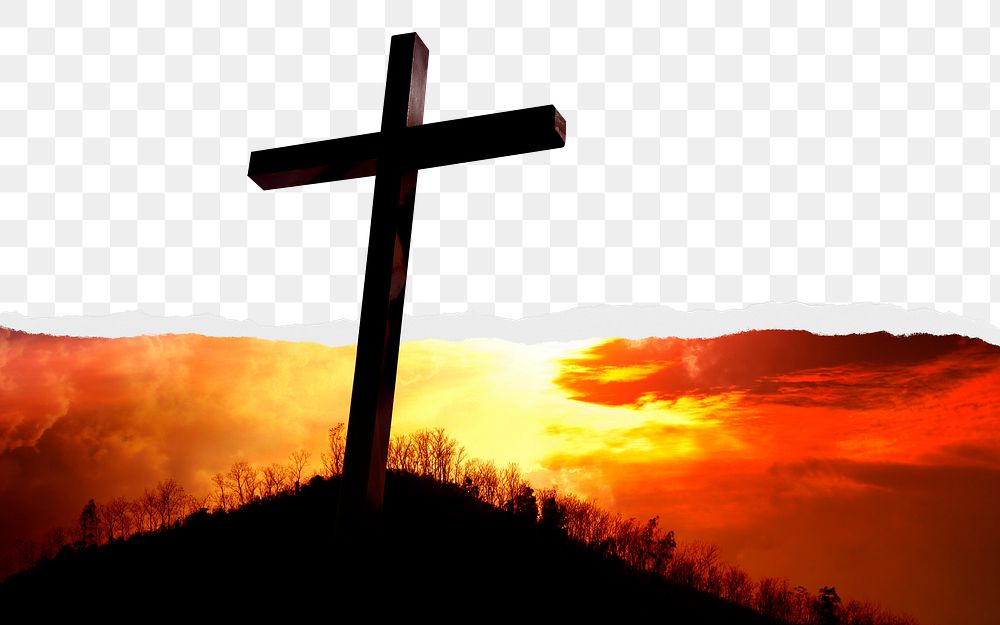 Cross on hill png ripped paper border, transparent background