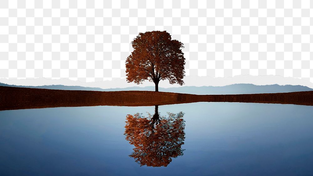 Lake & tree png ripped paper border, transparent background