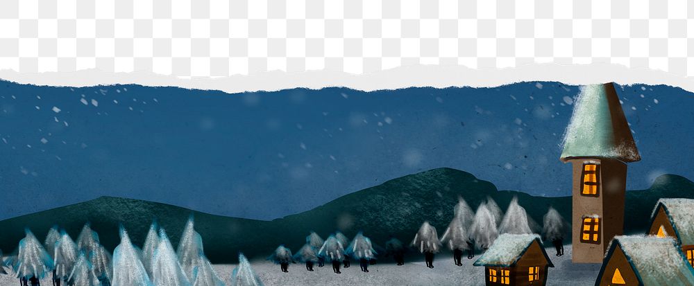 Winter landscape png ripped paper border, transparent background