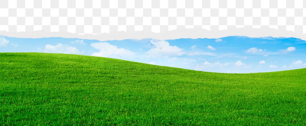 Green hills png, ripped paper border, transparent background