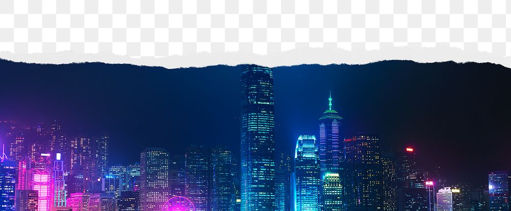 Night city png ripped paper border, transparent background