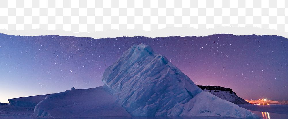 Iceberg png, purple sky, ripped paper border, transparent background