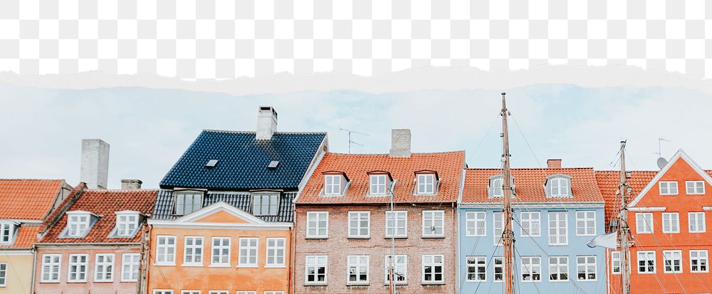 Danish houses png ripped paper border, transparent background