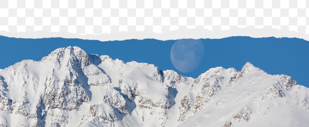 Snowy mountain png ripped paper border, transparent background