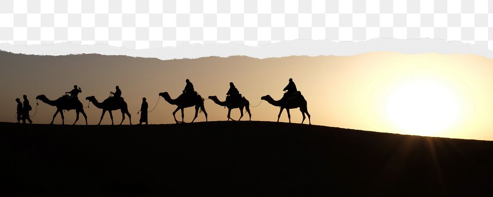 Camel caravan png ripped paper border, transparent background