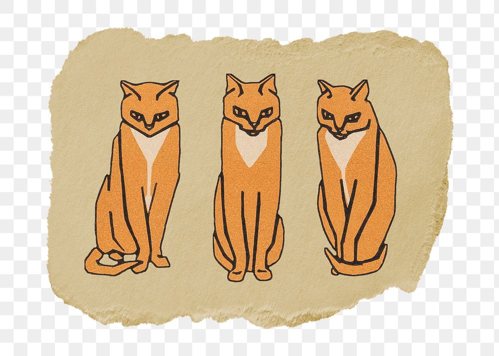Png three cats sticker, Julie de Graag's vintage illustration on ripped paper, transparent background