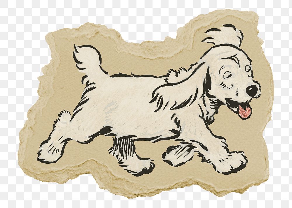 Png White Puppy  sticker,  Cecil Aldin's vintage illustration on ripped paper, transparent background