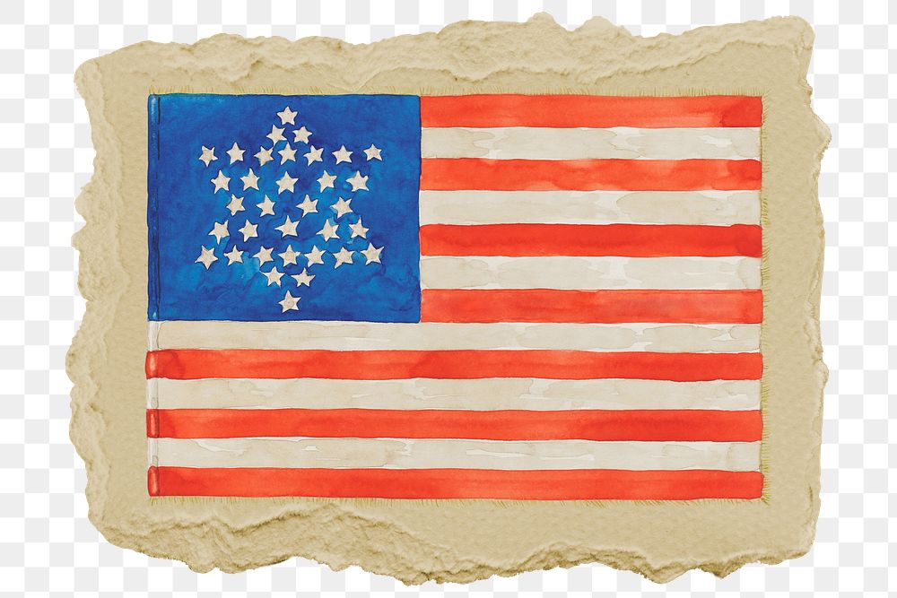 Png civil war flag sticker, vintage illustration on ripped paper, transparent background