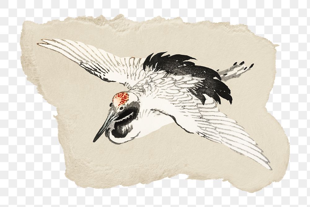 Png Kōno Bairei's flying crane sticker, bird vintage illustration on ripped paper, transparent background