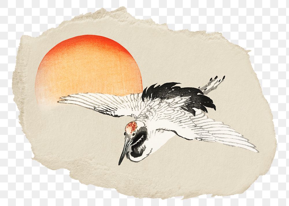 Png flying crane sticker, Kōno Bairei's bird  vintage illustration on ripped paper, transparent background