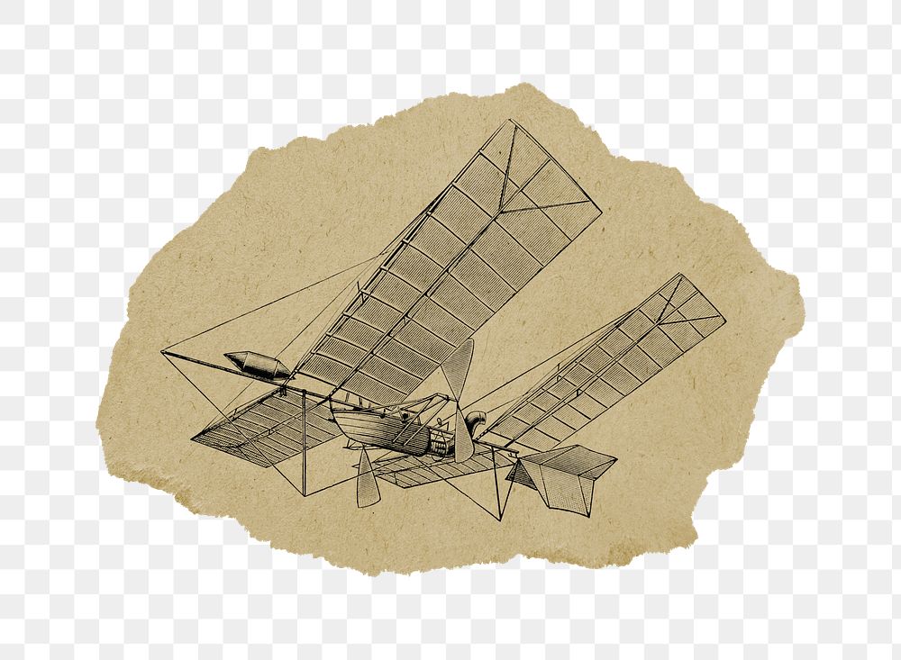 Png hand drawn aerial machine sticker, vintage illustration on ripped paper, transparent background