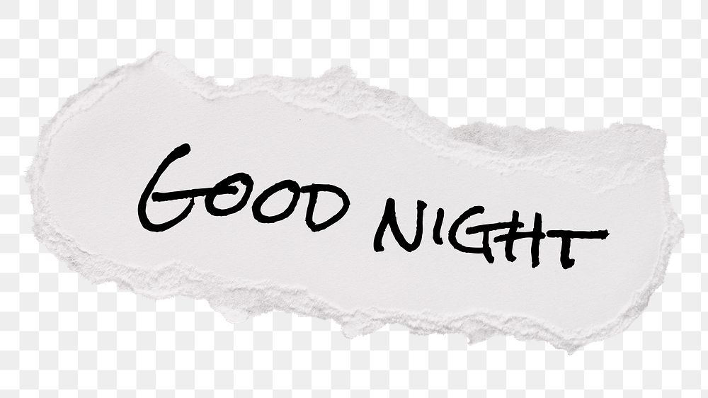 Good night png word, typography on ripped paper, white digital sticker in transparent background