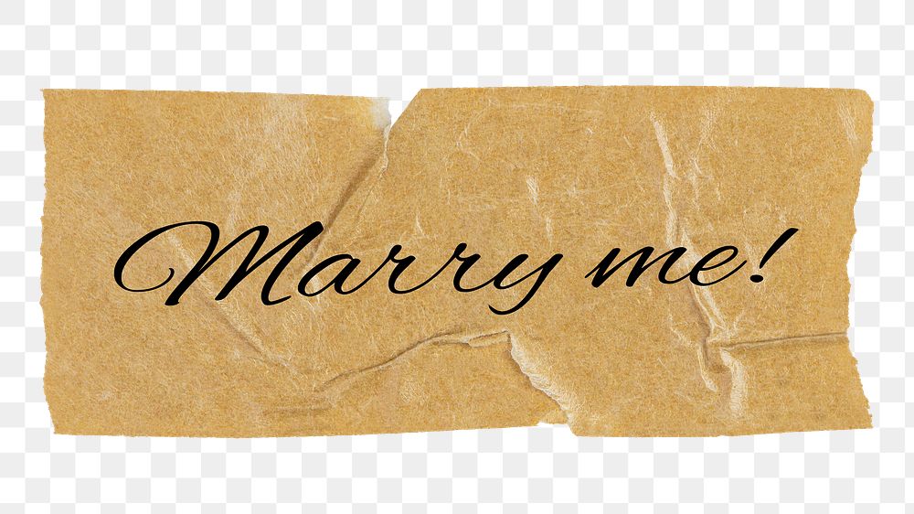 Marry me! png word, brown washi tape digital sticker in transparent background
