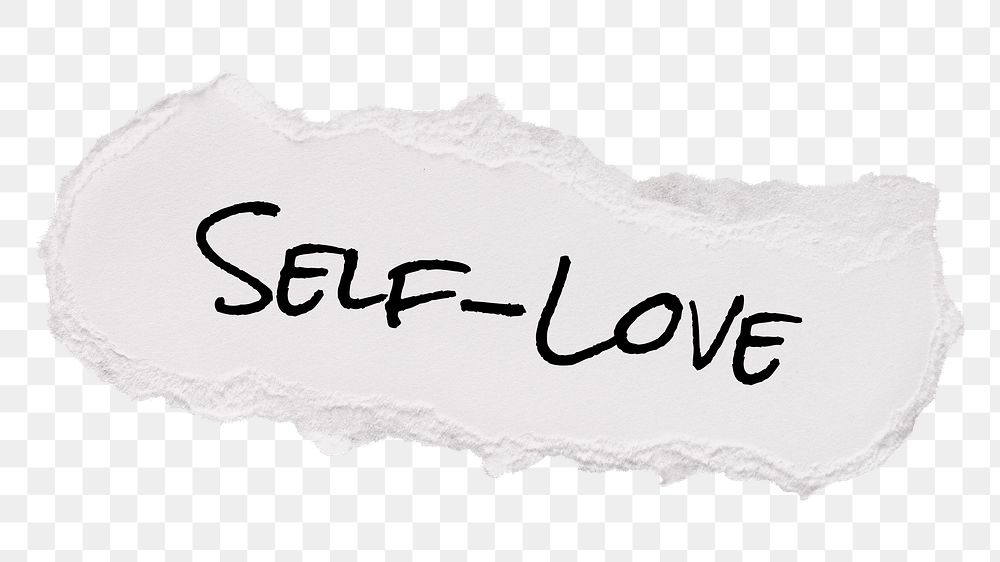 Self love png word, typography on ripped paper, white digital sticker in transparent background