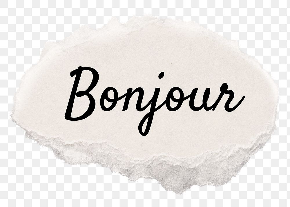 Bonjour png word, torn paper digital sticker in transparent background