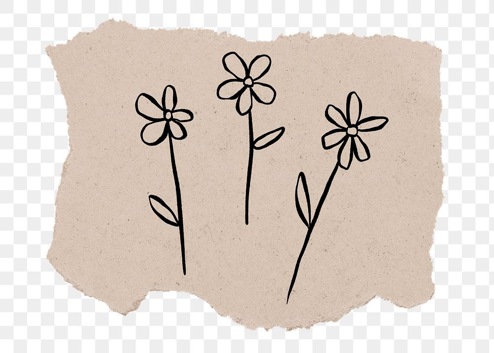 Flower png sticker, ripped paper doodle, transparent background