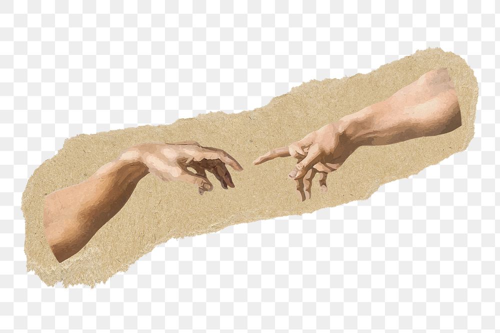 Hands of God and Adam png sticker, ripped paper, transparent background, remixed by rawpixel