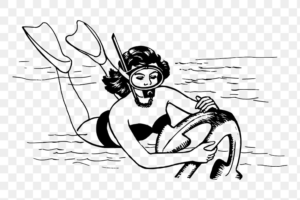 Woman diving underwater png sticker, vintage illustration, transparent background. Free public domain CC0 image.