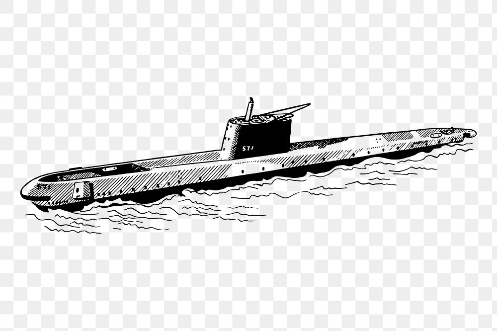 Submarine png sticker, vintage transportation illustration, transparent background. Free public domain CC0 image.
