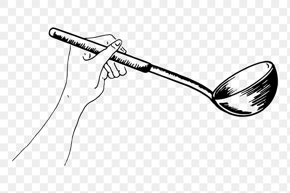 Hand holding ladle png sticker, vintage object illustration, transparent background. Free public domain CC0 image.