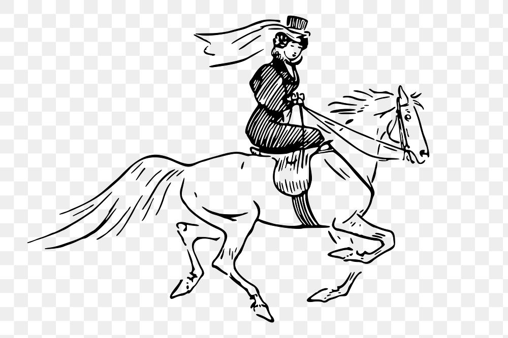 Woman riding horse png sticker, vintage illustration, transparent background. Free public domain CC0 image.
