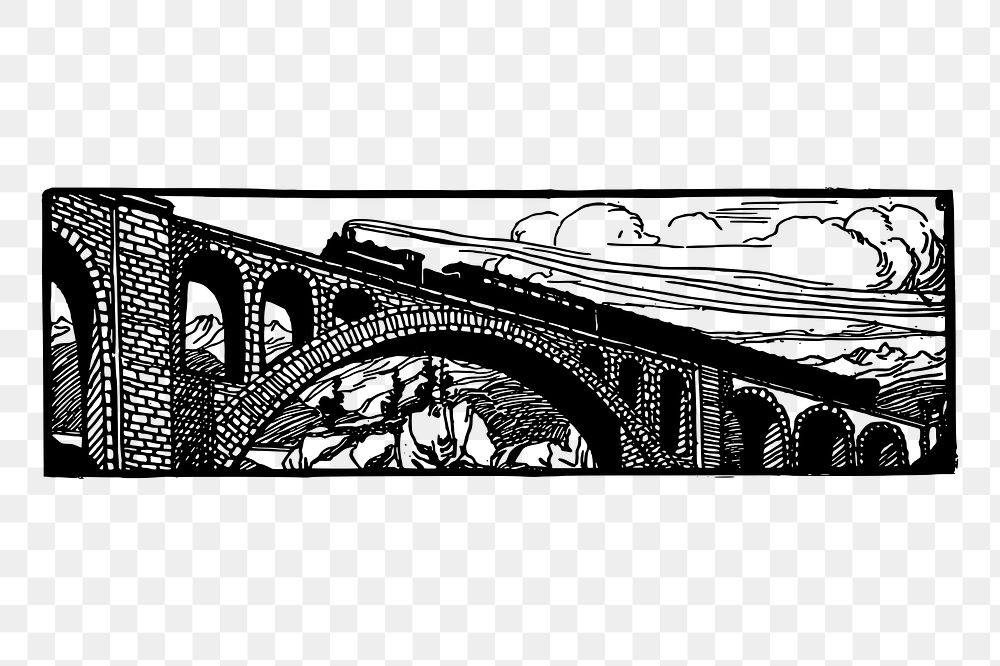 Train on viaduct  png sticker, vintage illustration, transparent background. Free public domain CC0 image.
