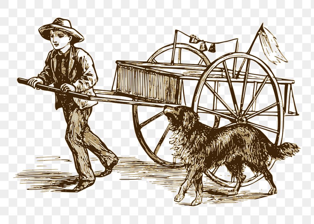 Man pulling wagon png sticker, vintage illustration, transparent background. Free public domain CC0 image.