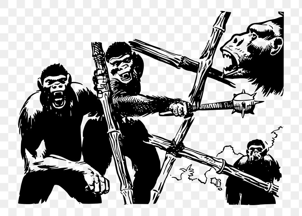 Apes at war png sticker illustration, transparent background. Free public domain CC0 image.