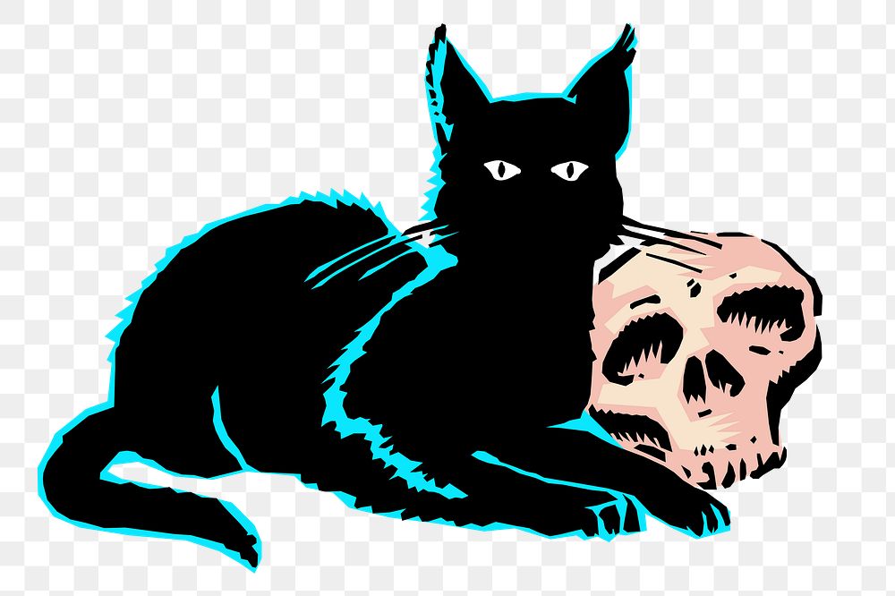 Cat and skull png sticker Halloween illustration, transparent background. Free public domain CC0 image.