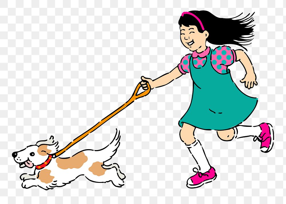 Girl png sticker walk a dog illustration, transparent background. Free public domain CC0 image.