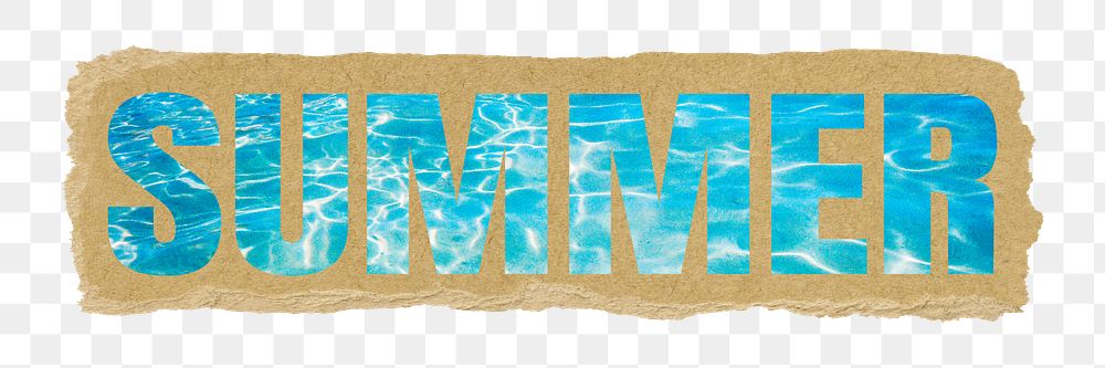 Summer png word sticker typography, blue swimming pool, ripped paper in transparent background