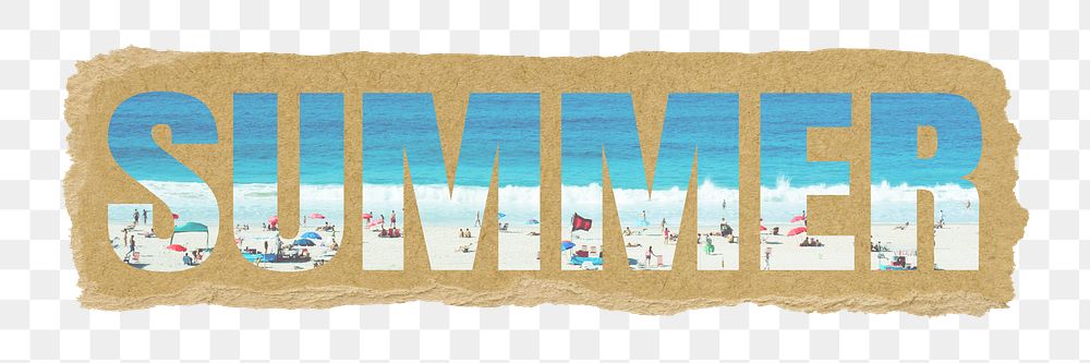 Summer png ripped paper word sticker, beach vacation in transparent background