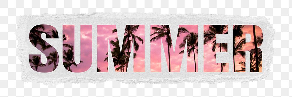 Summer png ripped paper sticker, sunset at the beach in transparent background