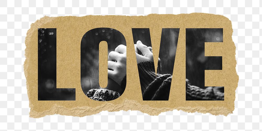Love png word, couple holding hands together, ripped paper in transparent background