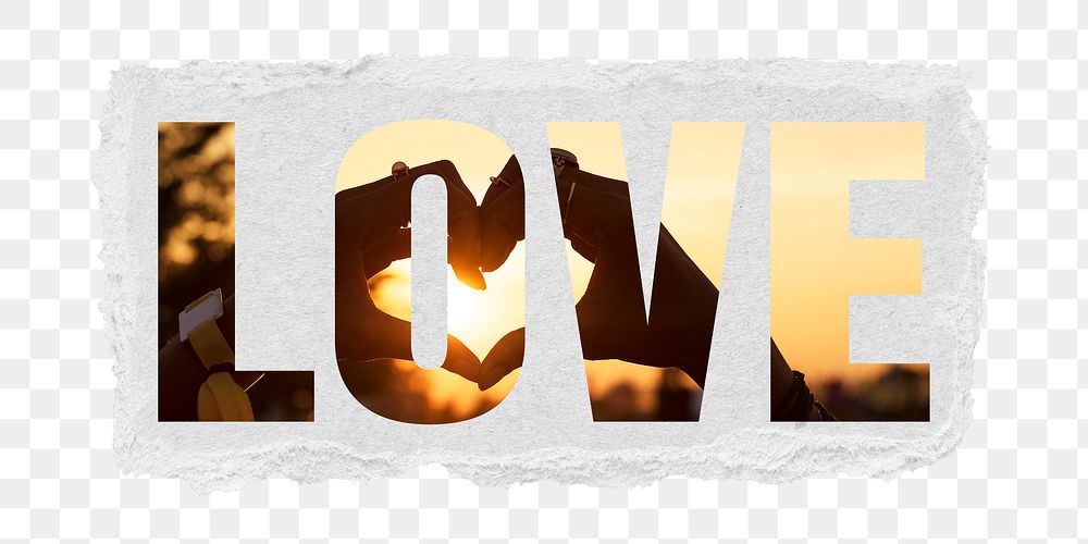 Love png word sticker typography, heart shape hand gesture in sunrise, torn paper in transparent background
