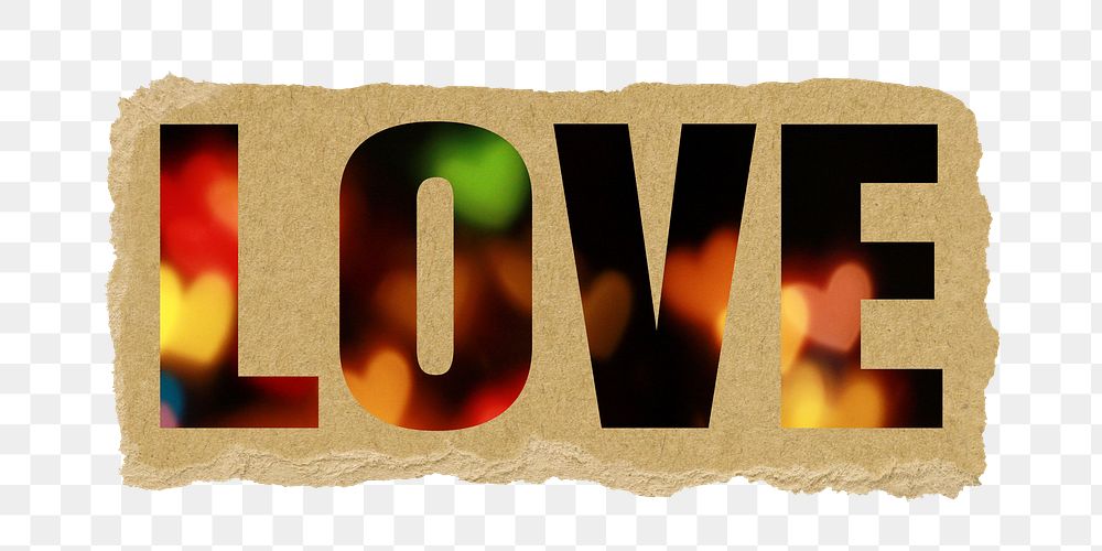 Love png word torn paper sticker, heart bokeh in transparent background