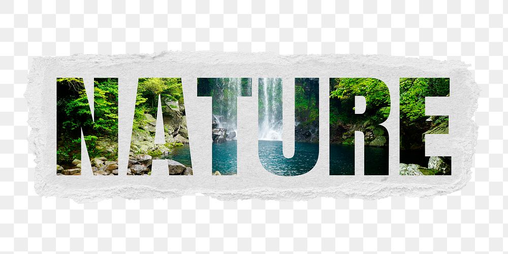 Nature png ripped paper sticker, forest waterfall, transparent background