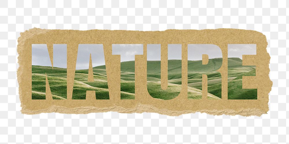 Nature png word sticker typography, green field landscape, ripped paper in transparent background
