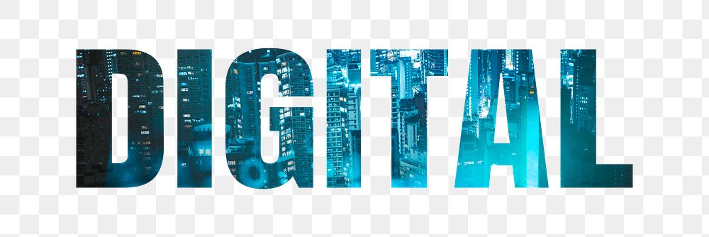 Digital png word sticker typography, blue city buildings, transparent background