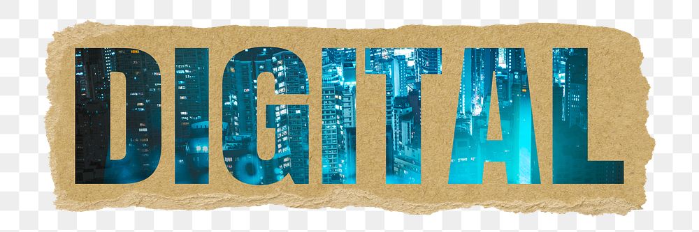 Digital png word sticker typography, blue city buildings, torn paper in transparent background
