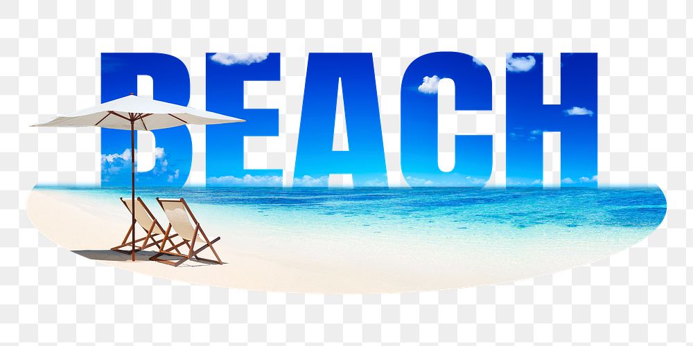 Beach png word sticker, blue design on transparent background