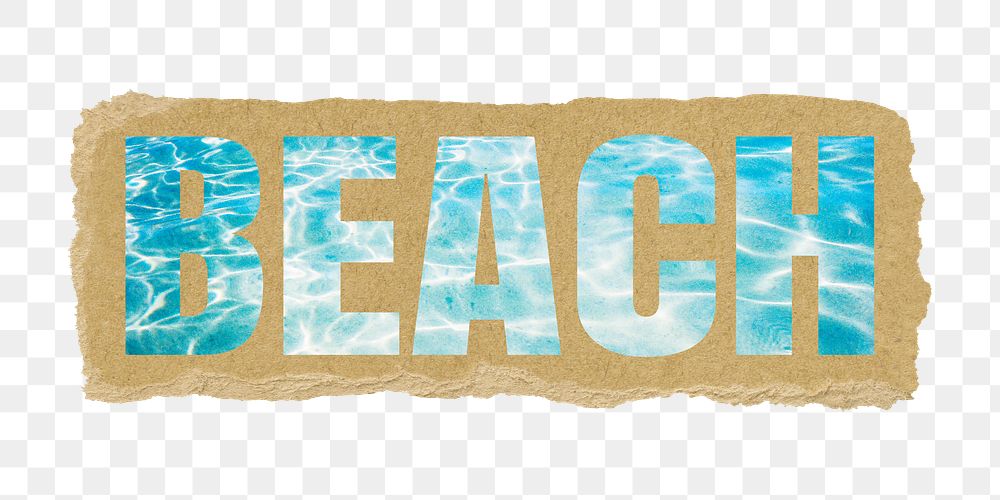 Beach png typography, blue water texture in transparent background, torn paper collage element