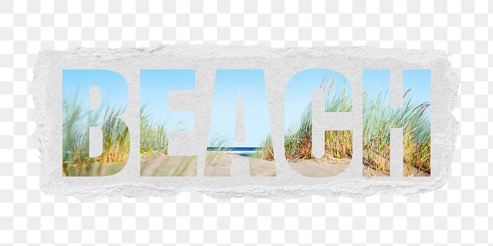 Beach png word sticker, summer vacation in transparent background, torn paper collage element