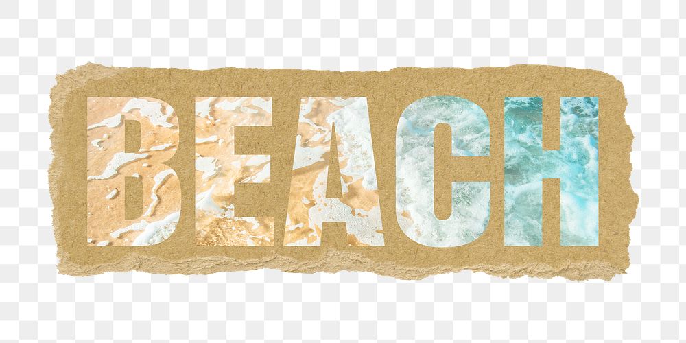 Beach png typography, sea water crashing, ripped paper in transparent background