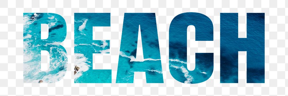 Beach png word sticker, blue ocean water, transparent background